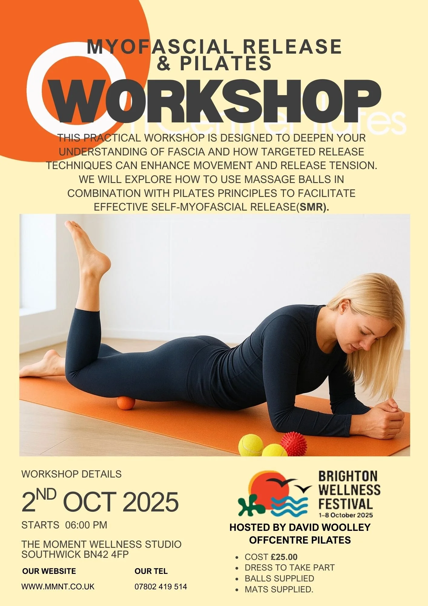 Poster advertising a Myofascial Release and Pilates workshop with a woman using massage balls while lying on an orange yoga mat.