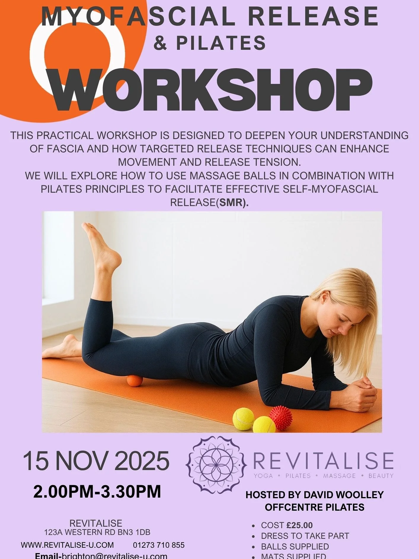 Poster for a Myofascial Release and Pilates workshop featuring an image of a woman performing a self-myofascial release exercise on a yoga mat using massage balls.