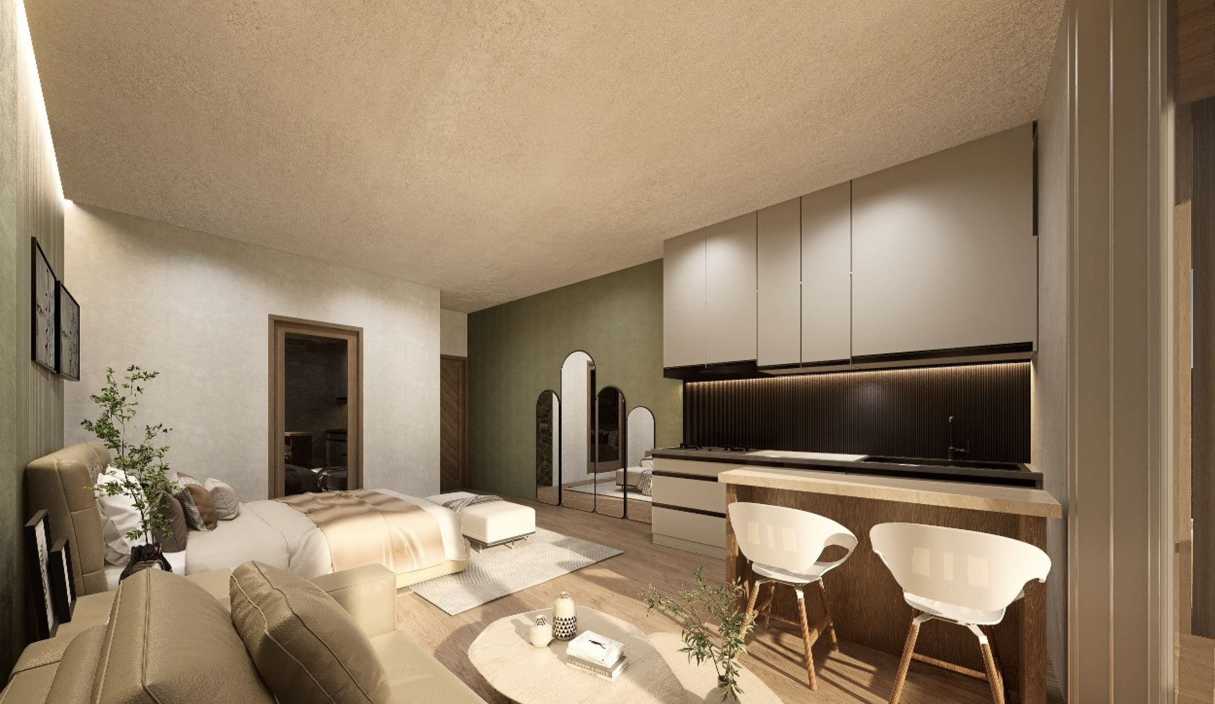 uxury studio apartment featuring a plush bed, sofa, kitchenette, and minimalist décor—part of a tax-free real estate investment with 8%-12% ROI and premium brand partnerships.