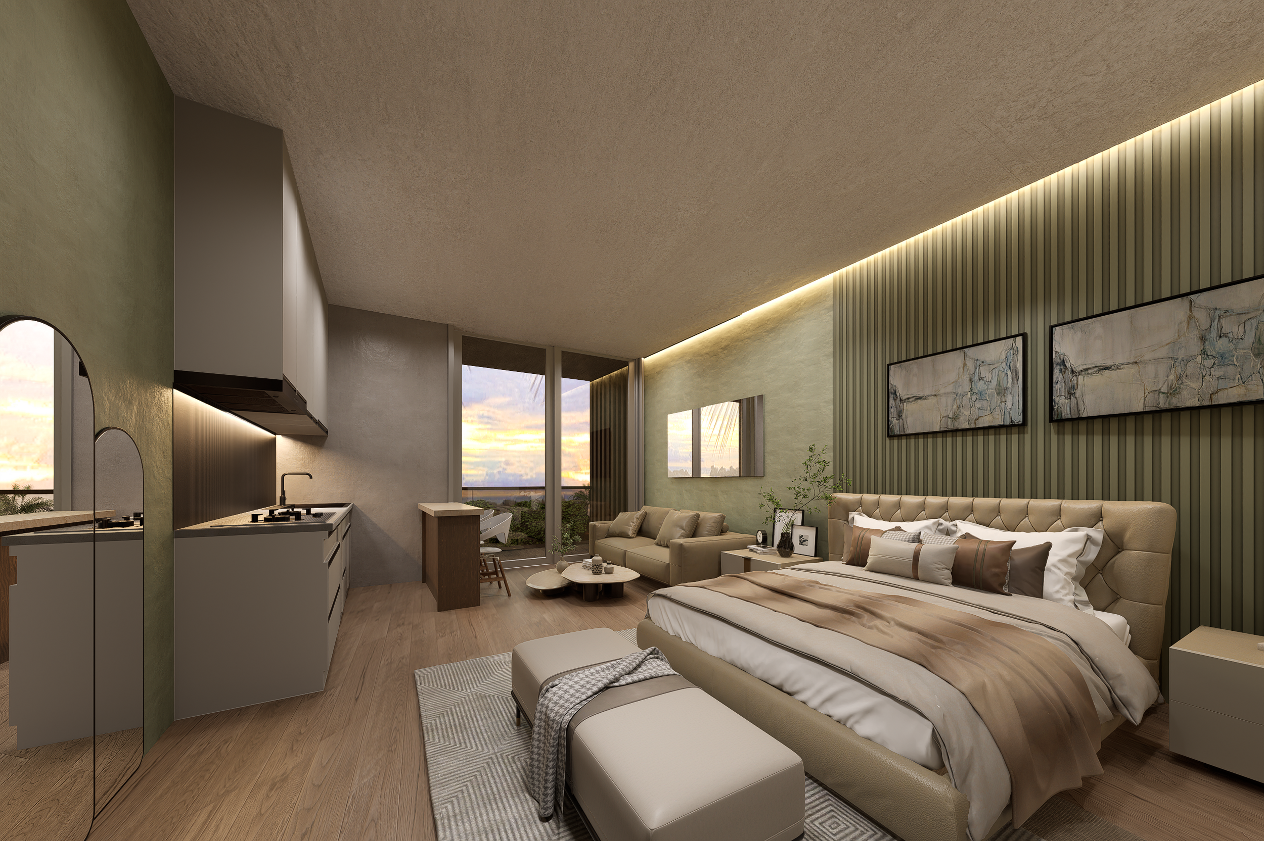 Contemporary studio apartment with an open-plan layout, bed, sofa, kitchenette, and large windows with a sunset view—available in a high-yield condo-hotel investment with 8%-12% ROI."