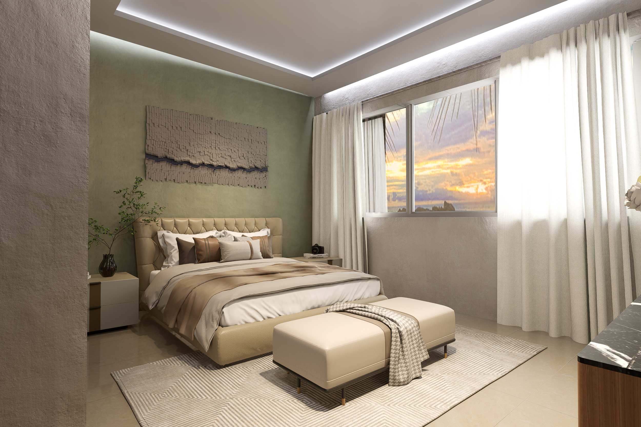 Elegant bedroom with a green accent wall, upholstered bed, beige linens, and abstract wall art. Large window offers a stunning sunset view—part of a branded condo-hotel investment in Punta Cana."