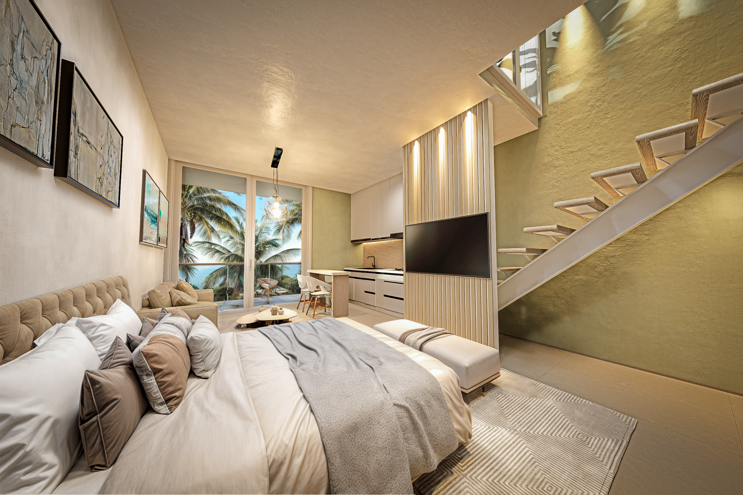 legant bedroom with a plush king-size bed, TV, staircase, and balcony overlooking palm trees—offered in a 5% down, tax-free condo-hotel investment in Punta Cana