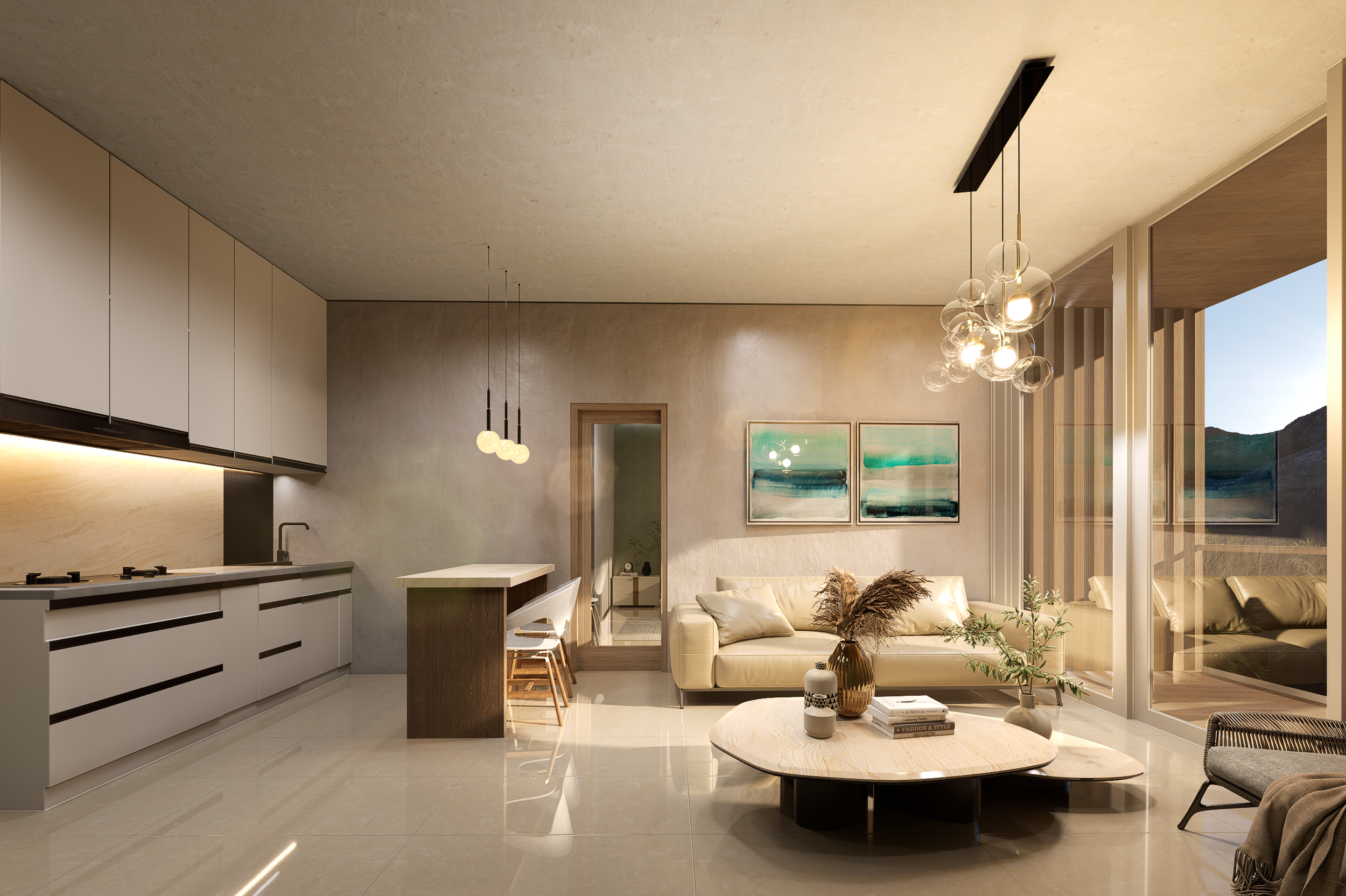 Minimalist open-plan kitchen and living room featuring beige tones, a cozy sofa, pendant lighting, and large windows—offered in a branded condo-hotel investment in Punta Cana