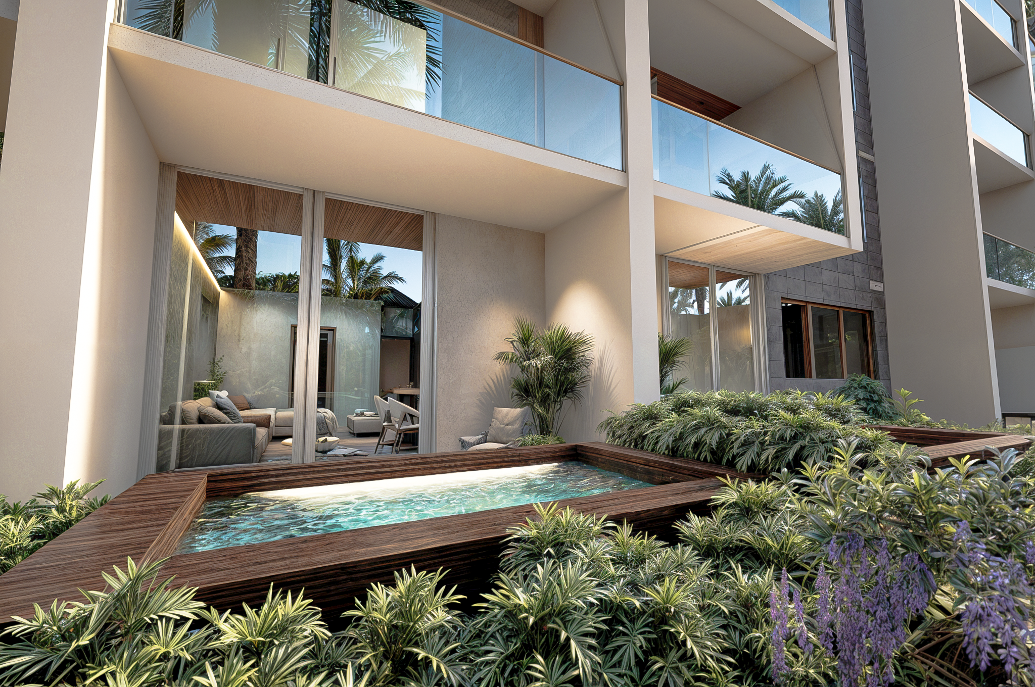 Luxury condo-hotel exterior with glass balconies, lush tropical greenery, and a sleek pool near large glass doors—part of a high-return real estate investment in Punta Cana.
