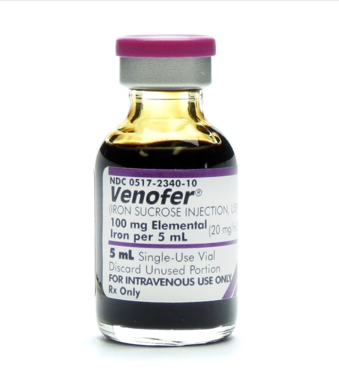 A small glass vial of Venofer, an iron sucrose injection, with a pink cap and white label.