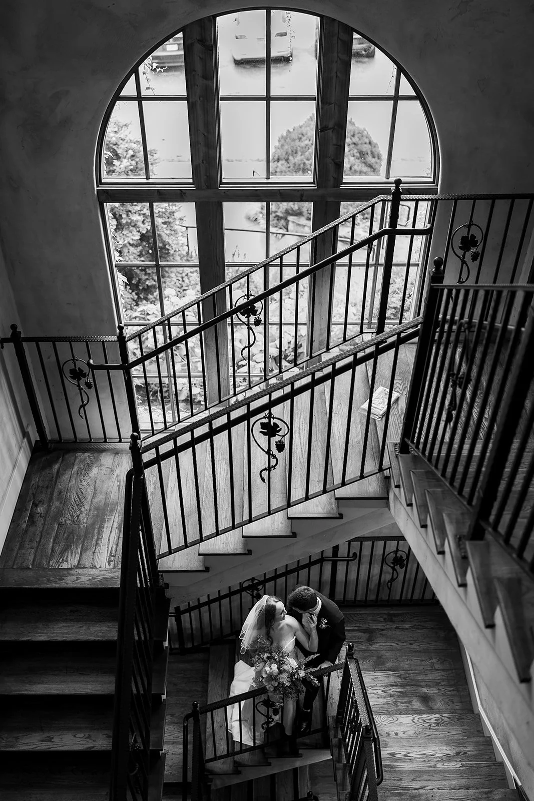 Dramatic interior bride and groom photo