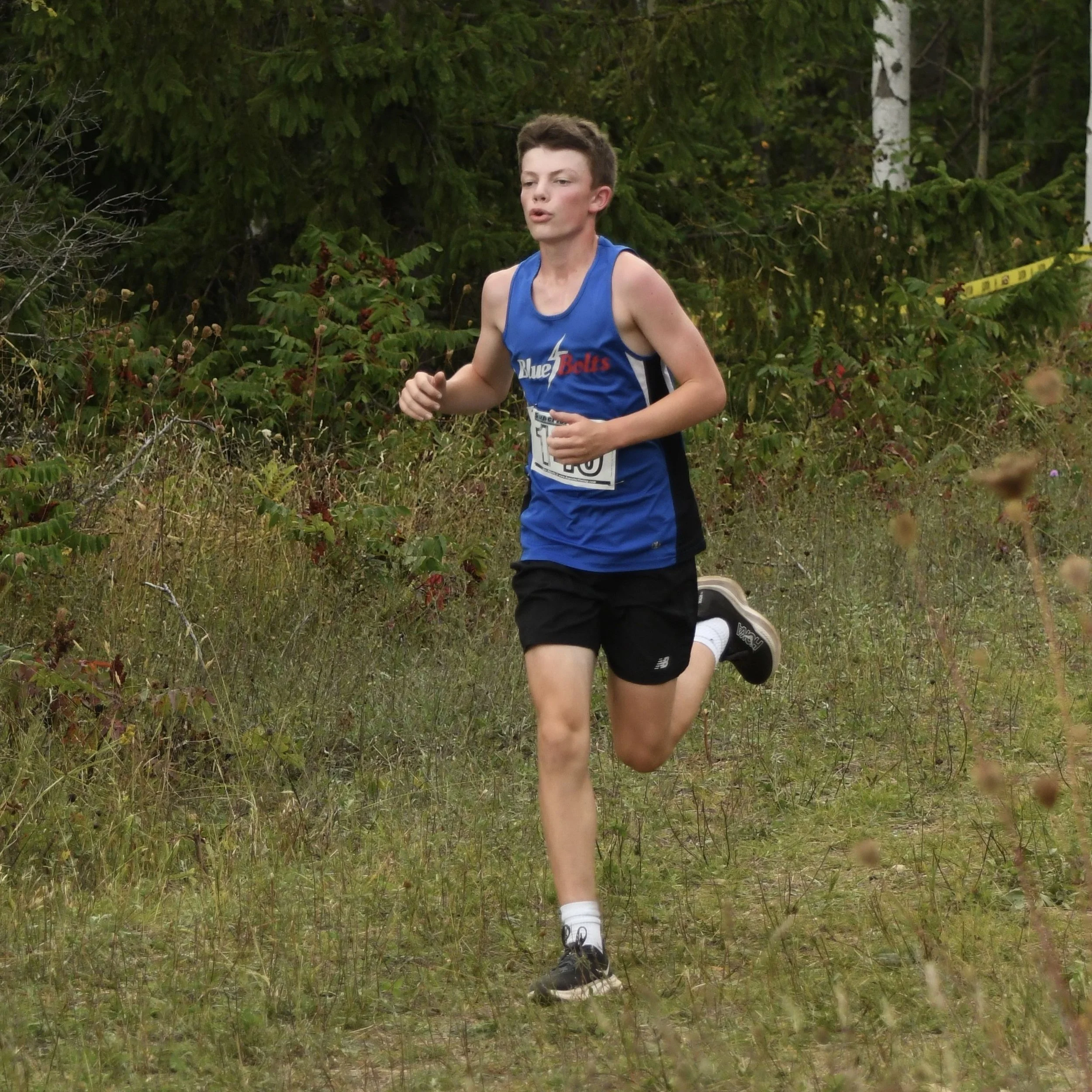 Male cross country runner in full stride through a field with the woods in the background.