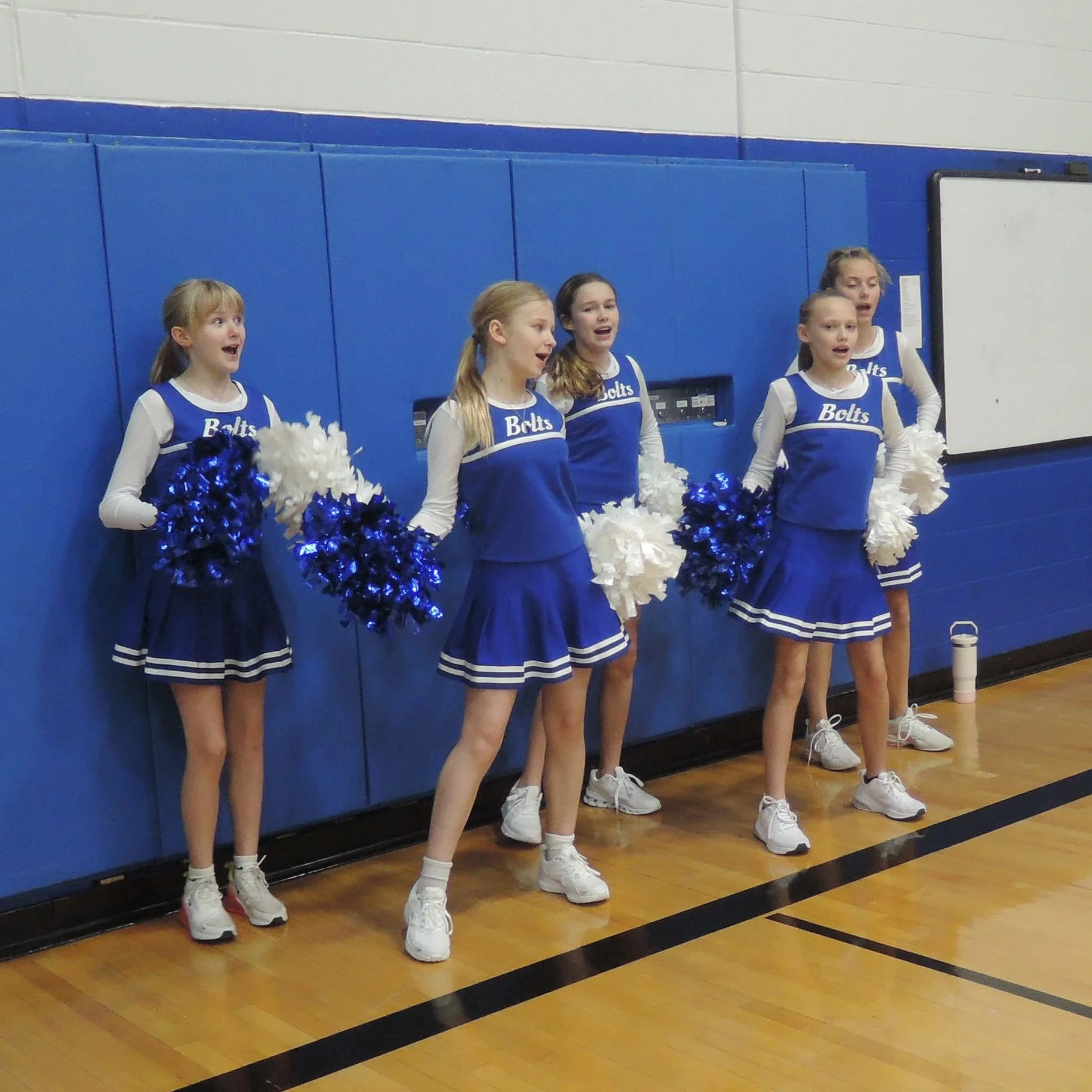 Five cheerleaders on the baseline, cheering on the team, with blue and white pom-poms.