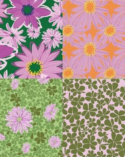 Four quadrants of floral patterns with various colorful flowers and leaves in purple, pink, yellow, and green on different colored backgrounds.