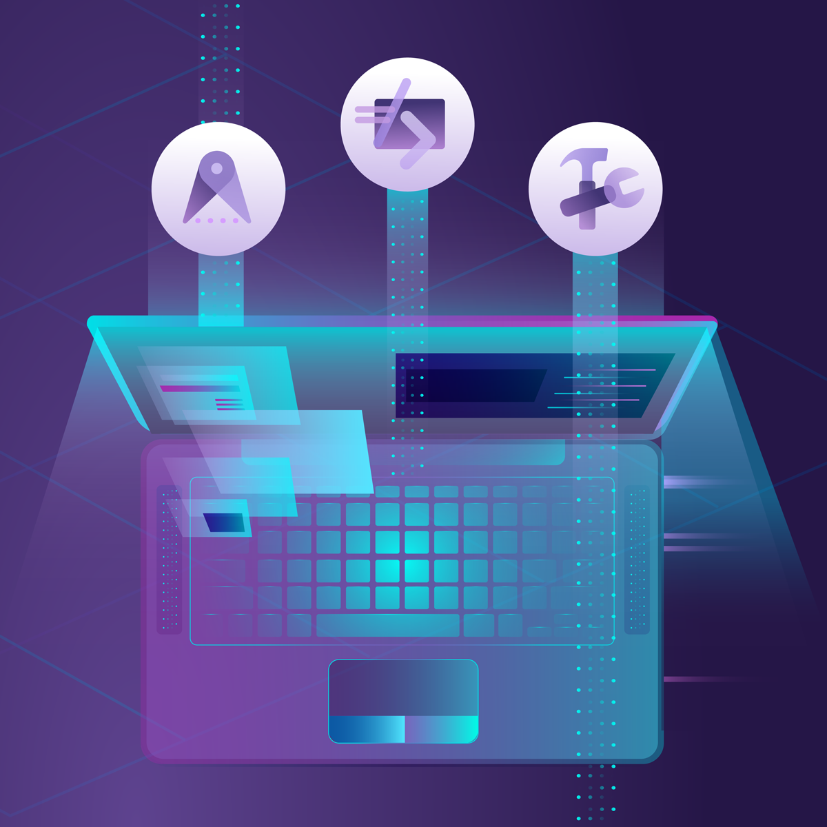 glowing laptop with icons