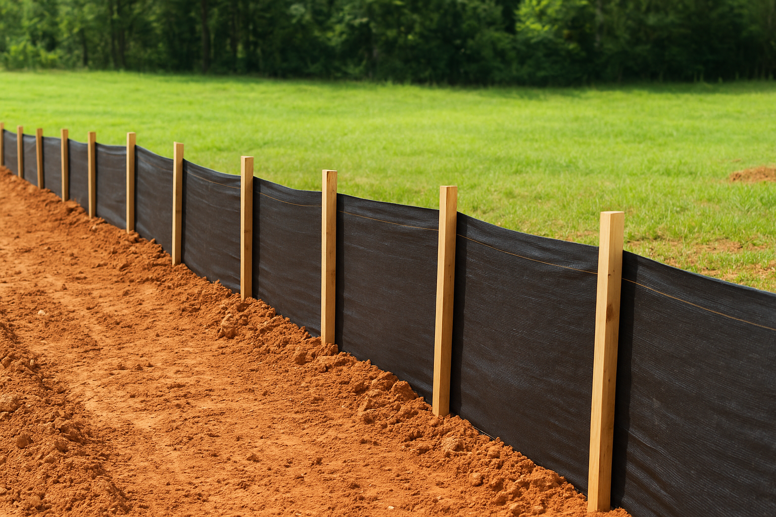 Black plastic fencing with wooden stakes separating a dirt area from a grassy field with trees in the background.