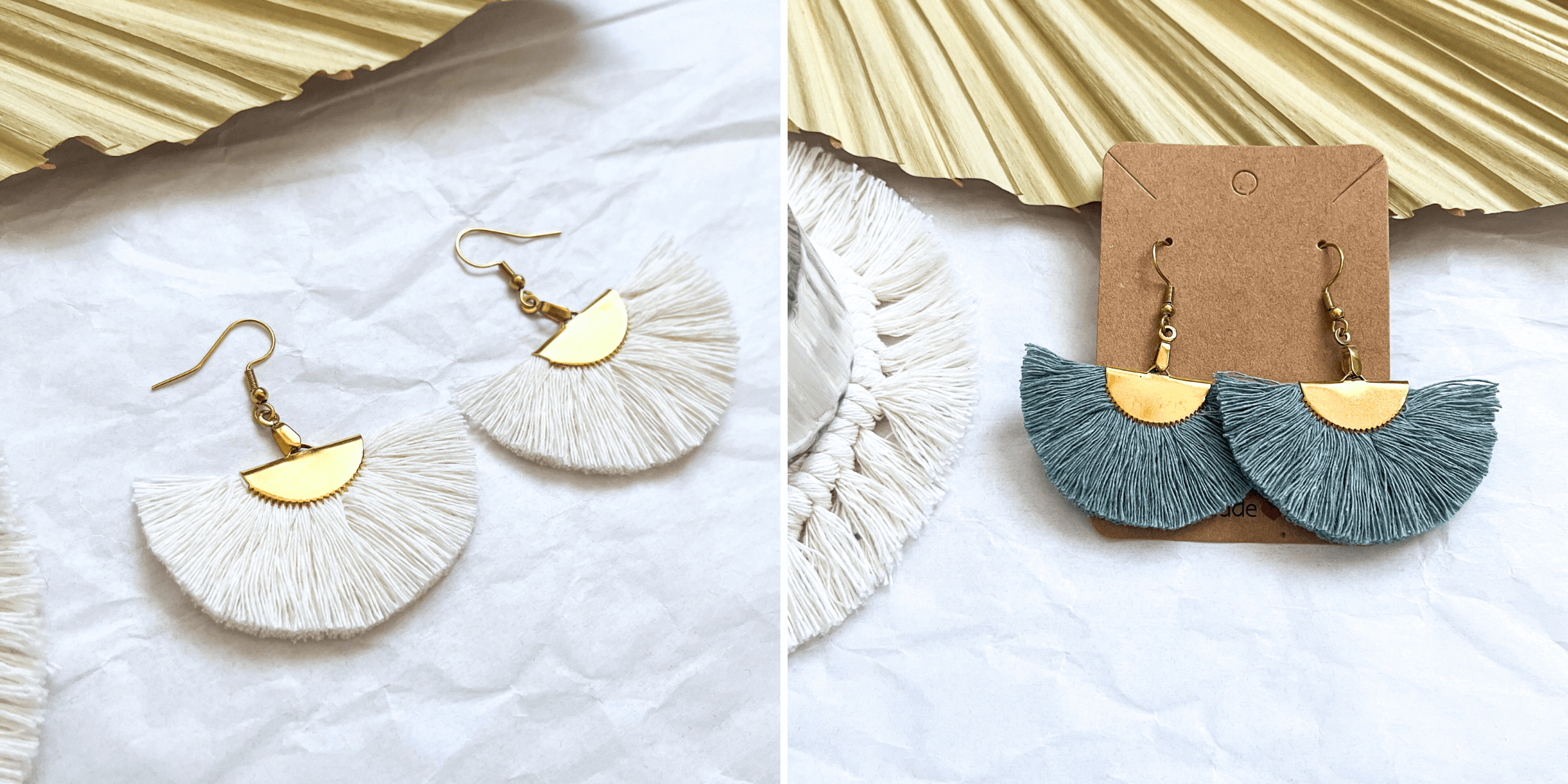 Natúr fehér és babérzöld nyári bohém makramé fülbevaló