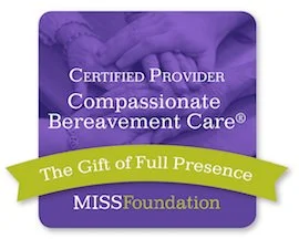 Purple certificate with white and purple text and a green ribbon reading 'The Gift of Full Presence,' related to compassionate bereavement care from the MISS Foundation.