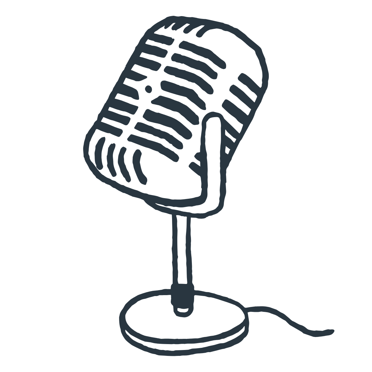 Line drawing of a vintage-style microphone on a stand with a cord attached.