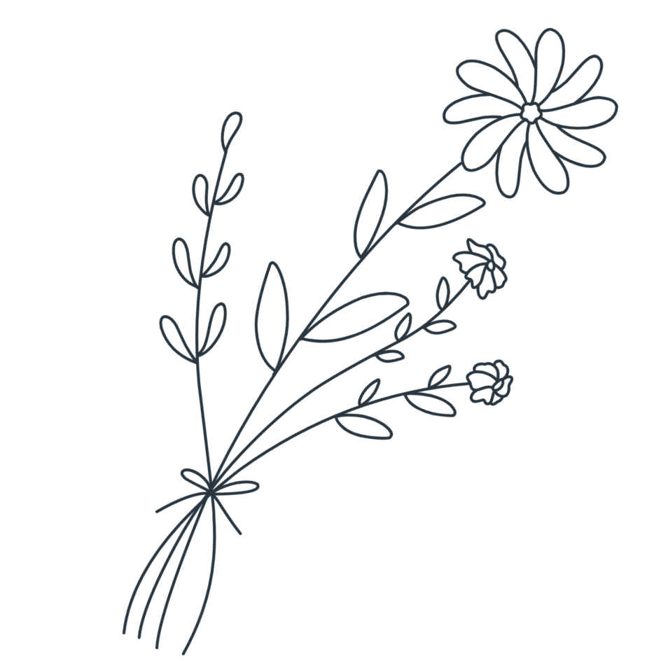 Outline drawing of a bouquet of flowers and leaves tied with a ribbon.