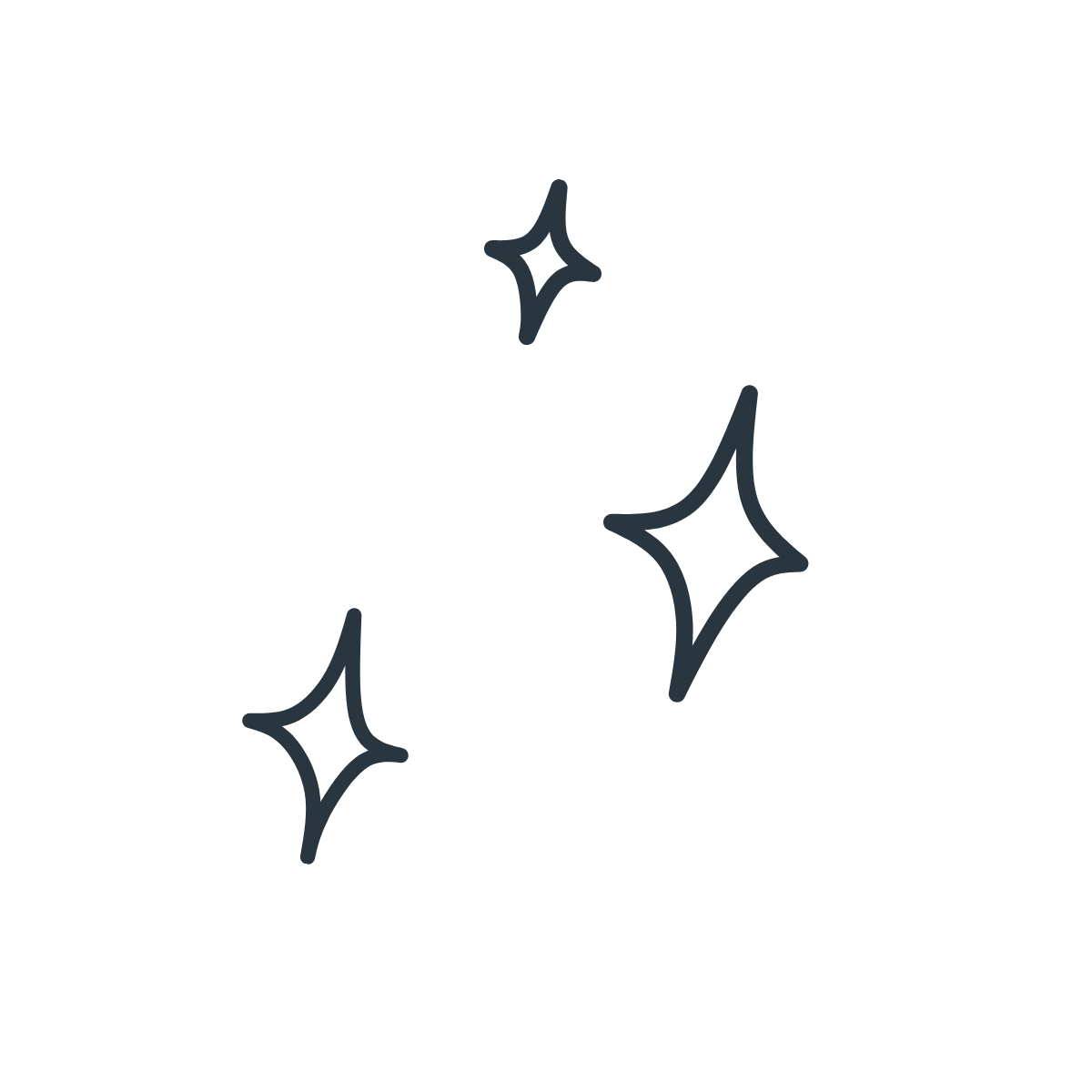 A simple line drawing of three stars or sparkles with a black background.