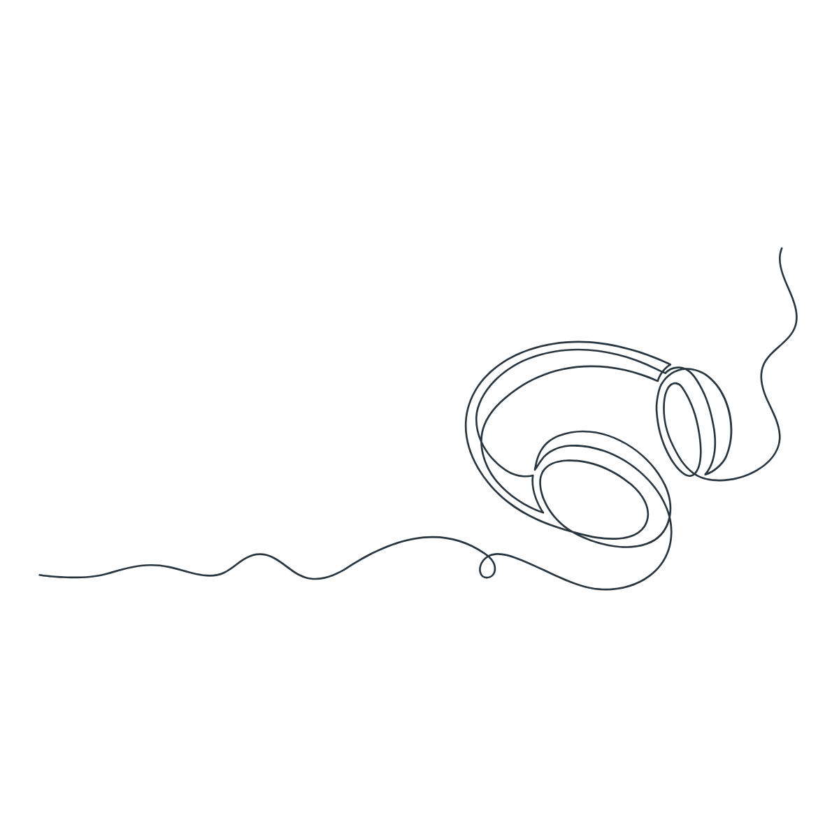 Line drawing of a pair of headphones resting on a surface, with a wire extending from the headphones.