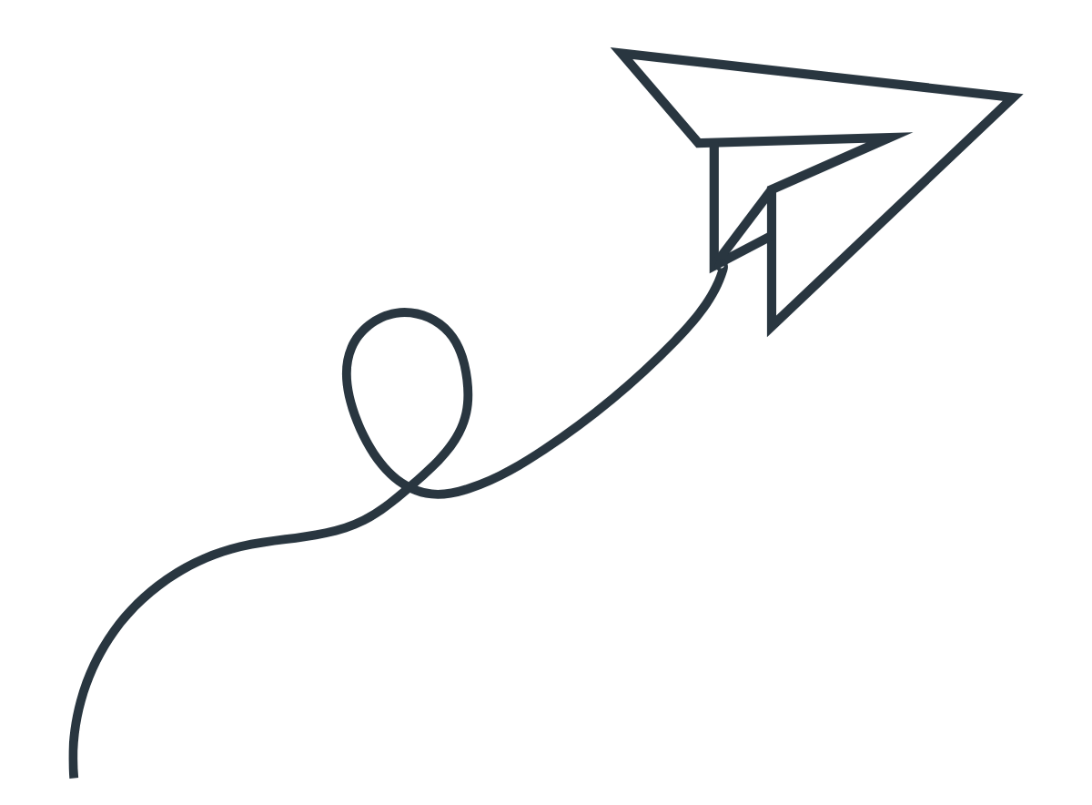 Line drawing of a paper airplane with a curved flight path leading upward.