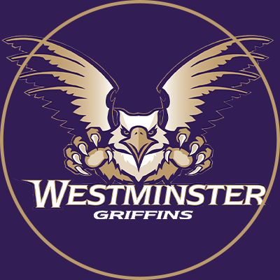 Illustration of a griffin with wings spread, holding a ball, with the text 'Westminster Griffins' below, on a dark background.