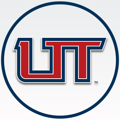 University of Texas logo with red and blue letters inside a circle.