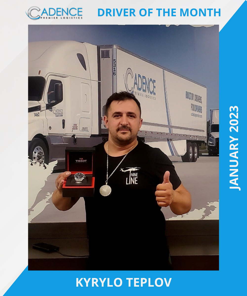 Man holding a Tissot watch box with Cadence Premier Logistics truck image in the background, labeled "Driver of the Month January 2023."