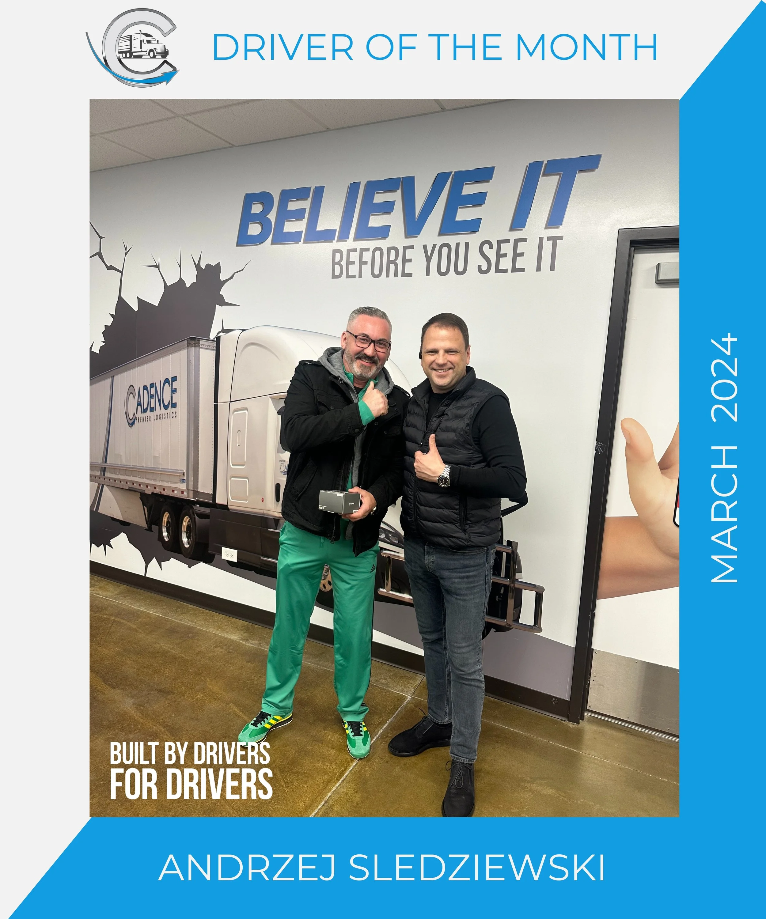 Two men standing in front of a wall with a truck and motivational text, celebrating 'Driver of the Month,' March 2024, Andrzej Sledziewski.