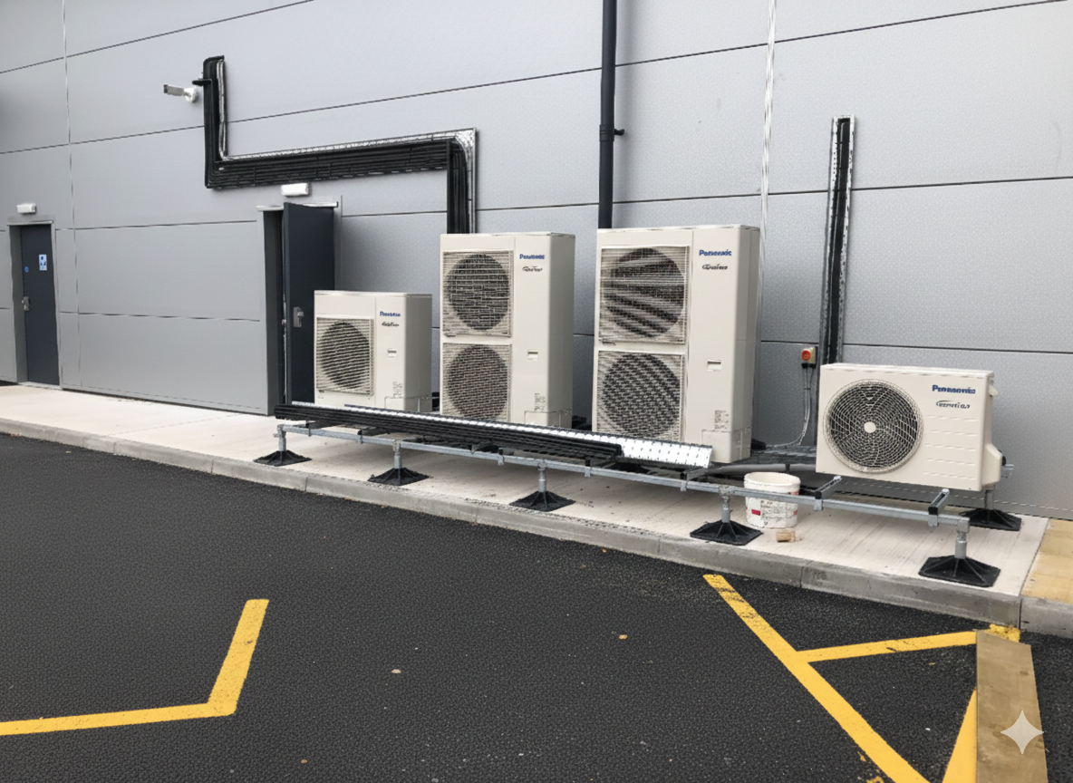 Outside view of multiple HVAC units installed along a building wall, situated on a paved parking area.