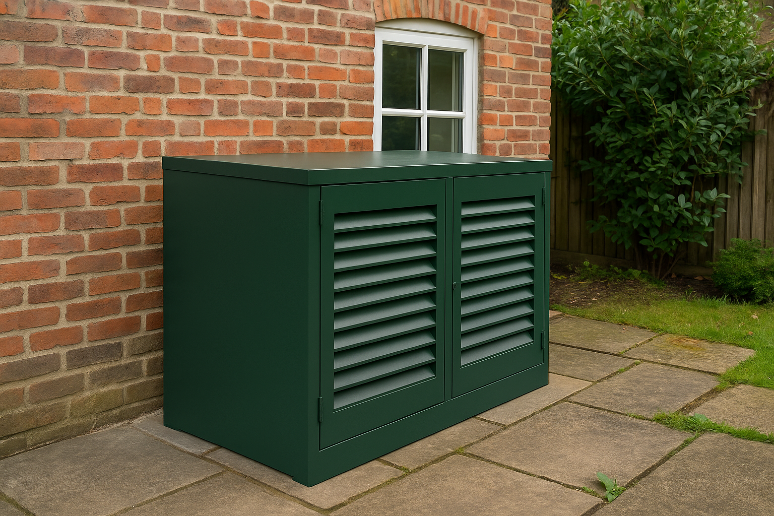 Green outdoor air conditioning unit within an acoustic enclosure, outside a house with a brick wall and a window, on a paved patio with some grass and a shrub nearby.