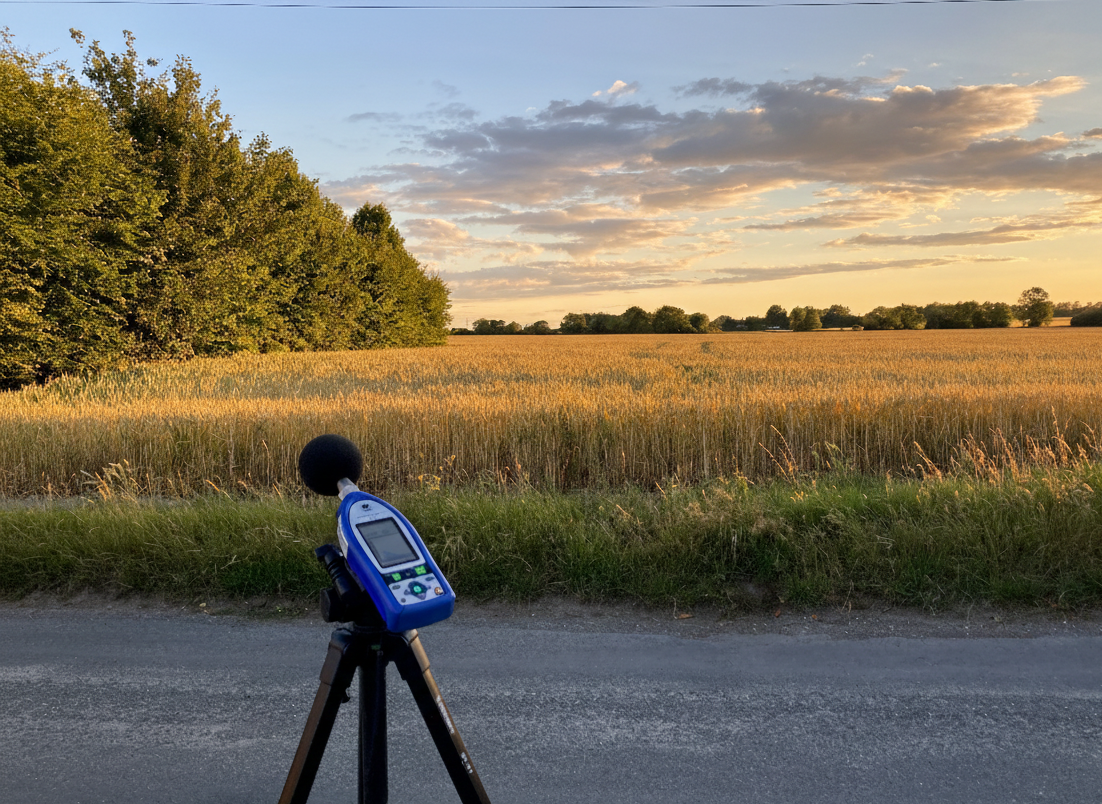 A sound level meter on a tripod set up on a rural road with a field of tall grass, trees, and a cloudy sky at sunset in the background.