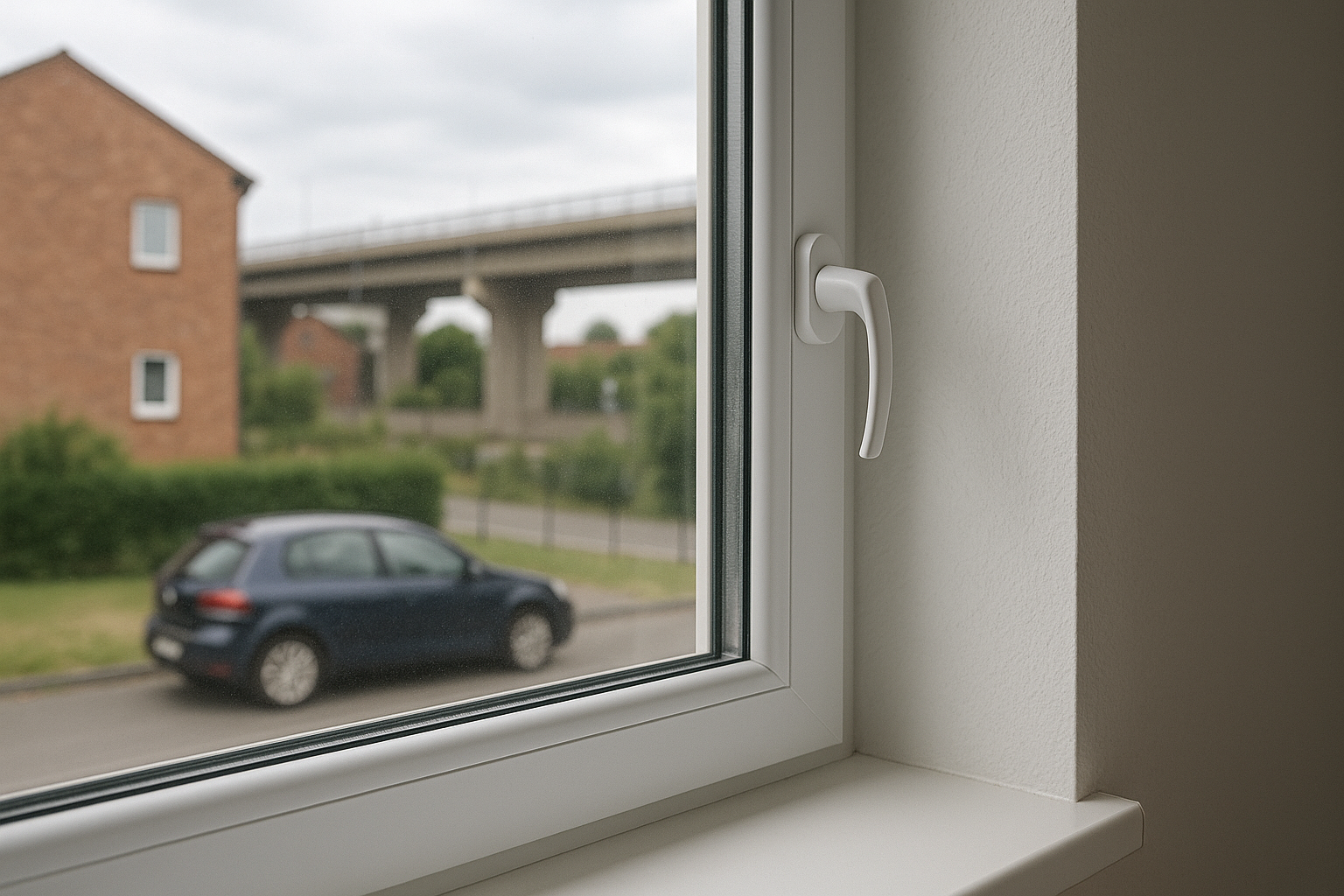 Inside view of a white window with a handle, overlooking a street with a blurred black car parked outside, a brick building, and an overpass in the background.