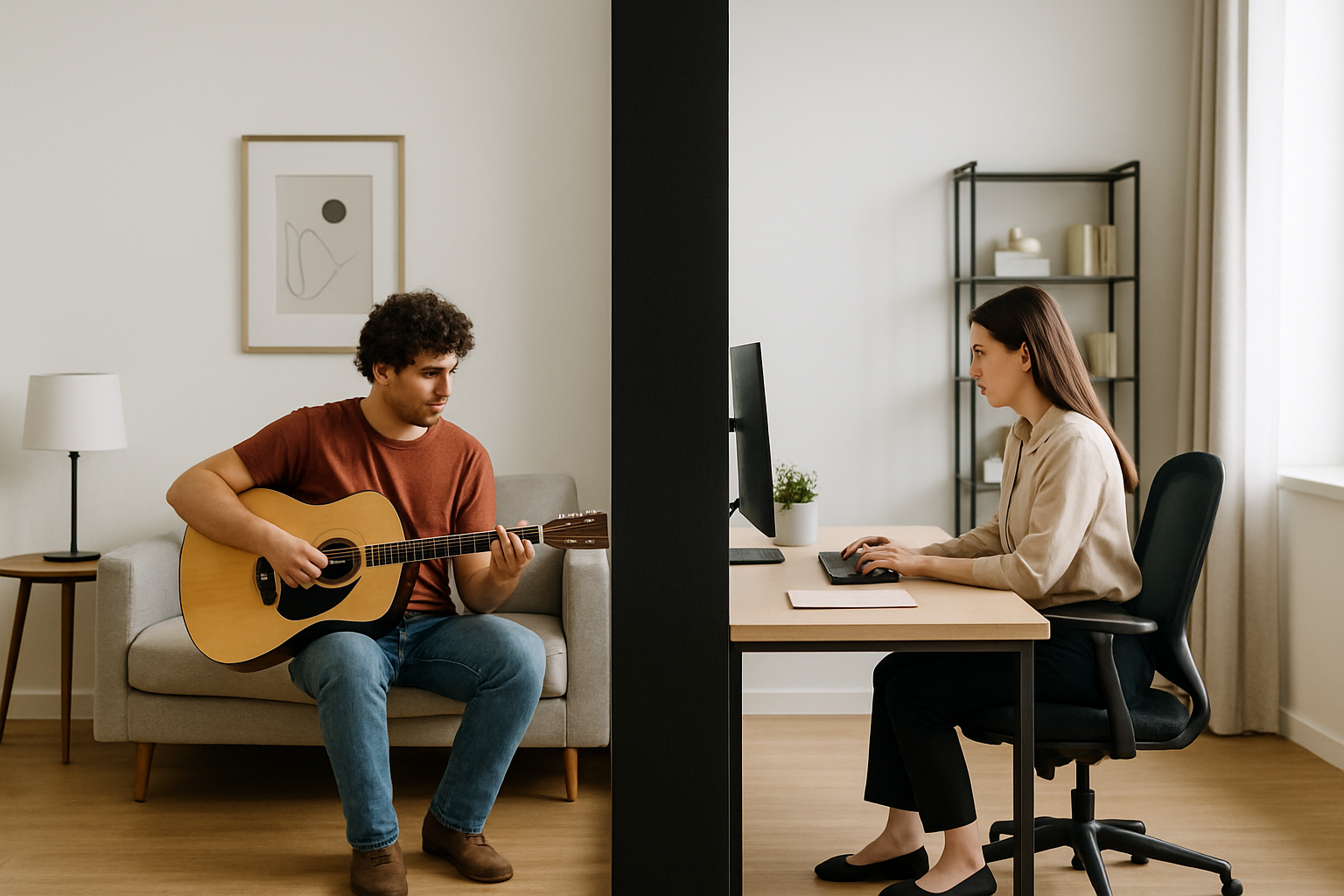 Split image showing a man playing guitar on the left side, and a woman working on a computer on the right side, separated by a separating wall.