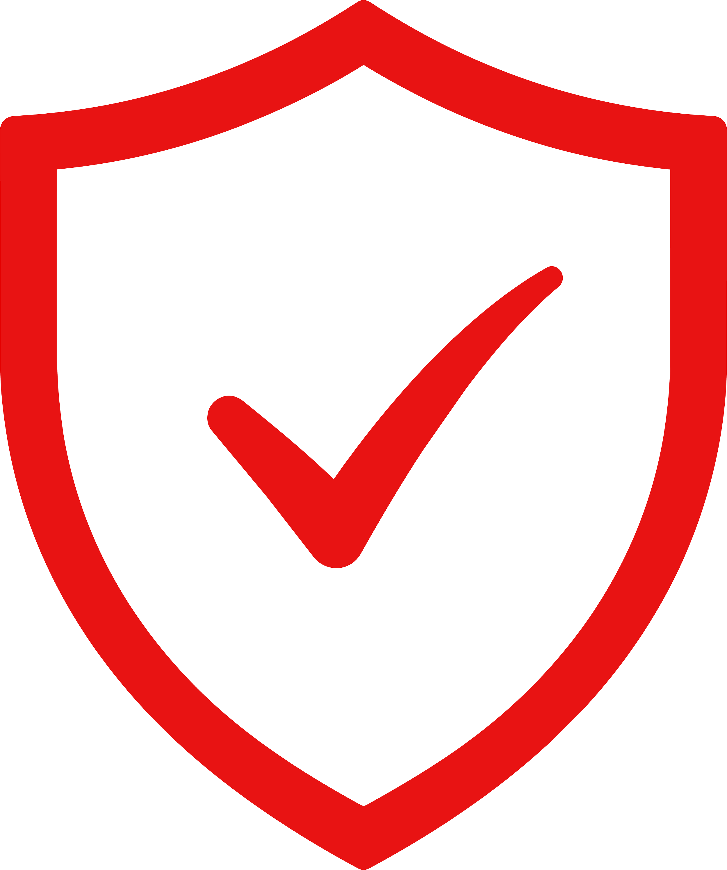 A red and black icon of a shield with a checkmark in the center.
