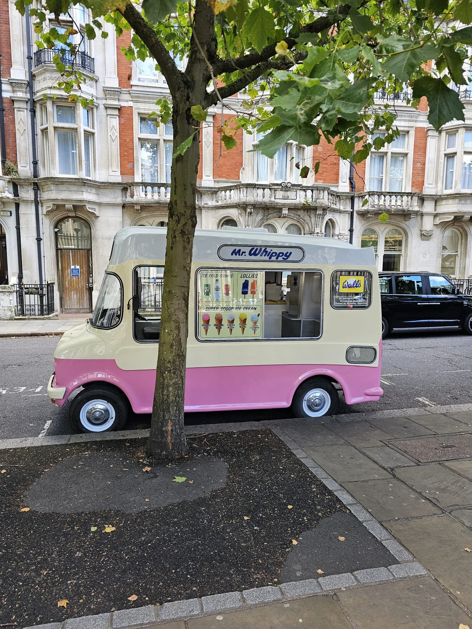 A pink and white ice cream truck parked on a city street, with a tree in front and background of historic building with large windows and ornate architecture.
