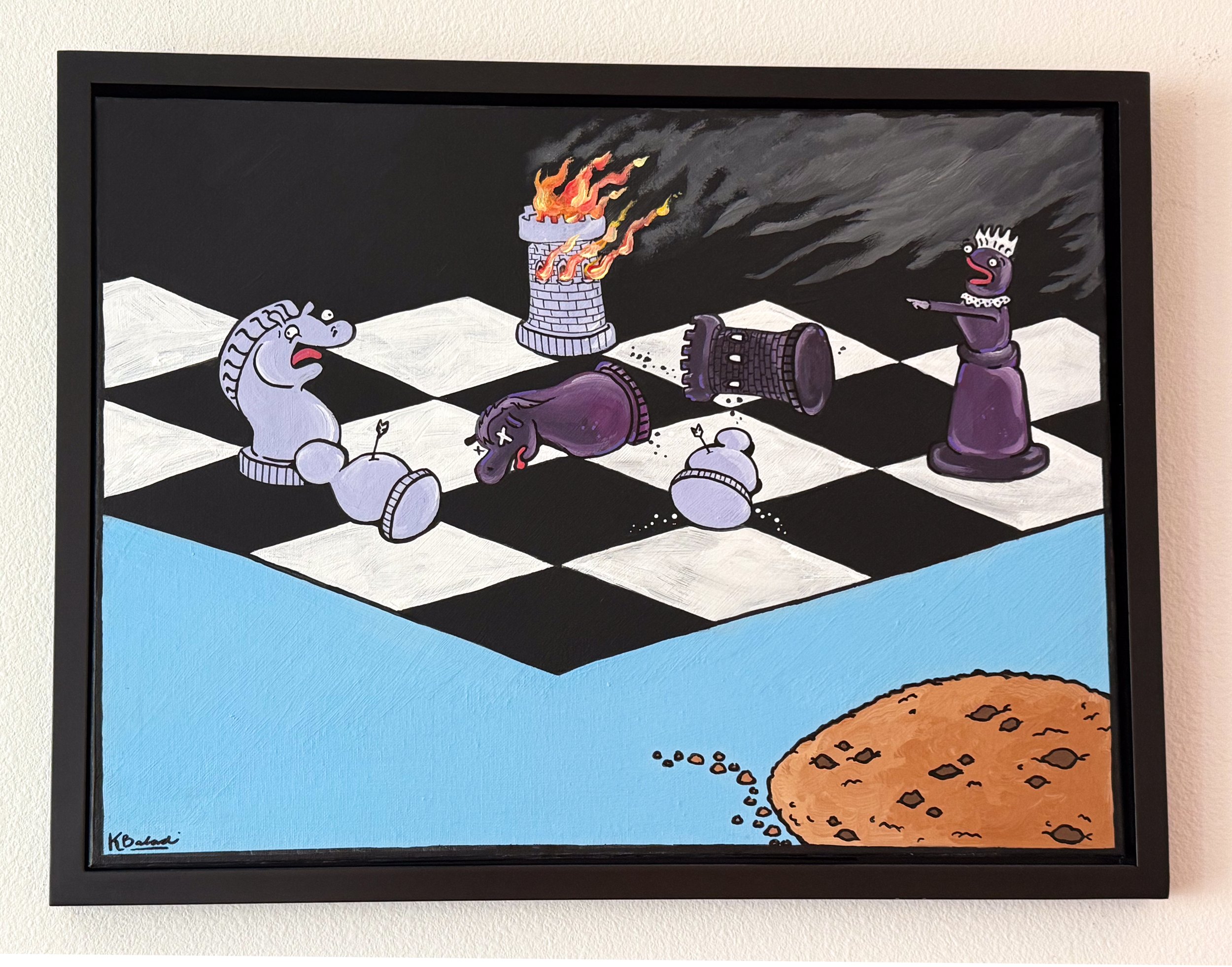 Life, Death and Chess Acrylic Painting - 26" x 20" in Floating Frame