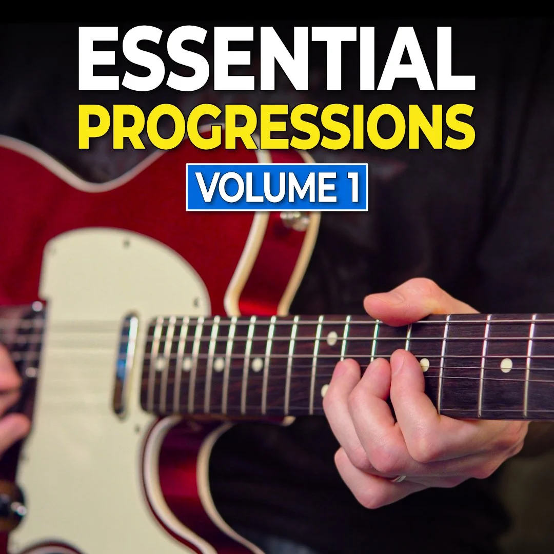 Cover of a music book titled "Essential Progressions Volume 1" with a close-up of a person playing an electric guitar.