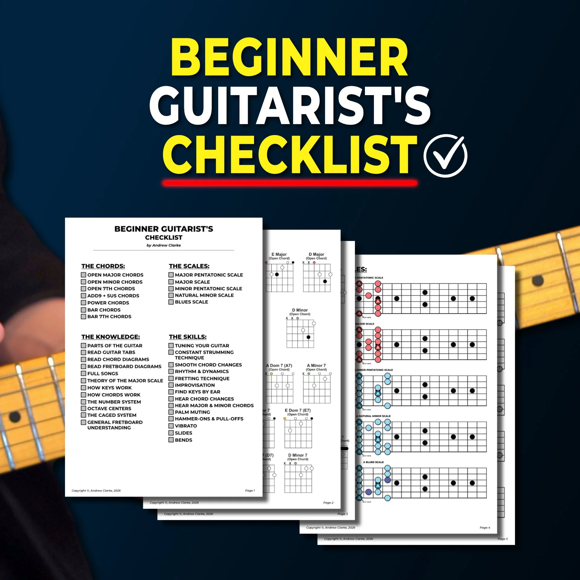 Cover of a beginner guitarist's checklist and instruction sheets with guitar chord diagrams, scales, and skills tips.