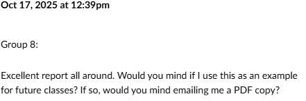 Text report dated October 17, 2025, at 12:39 pm, addressed to Group 8, requesting permission to use the report as a class example and to receive a PDF copy.
