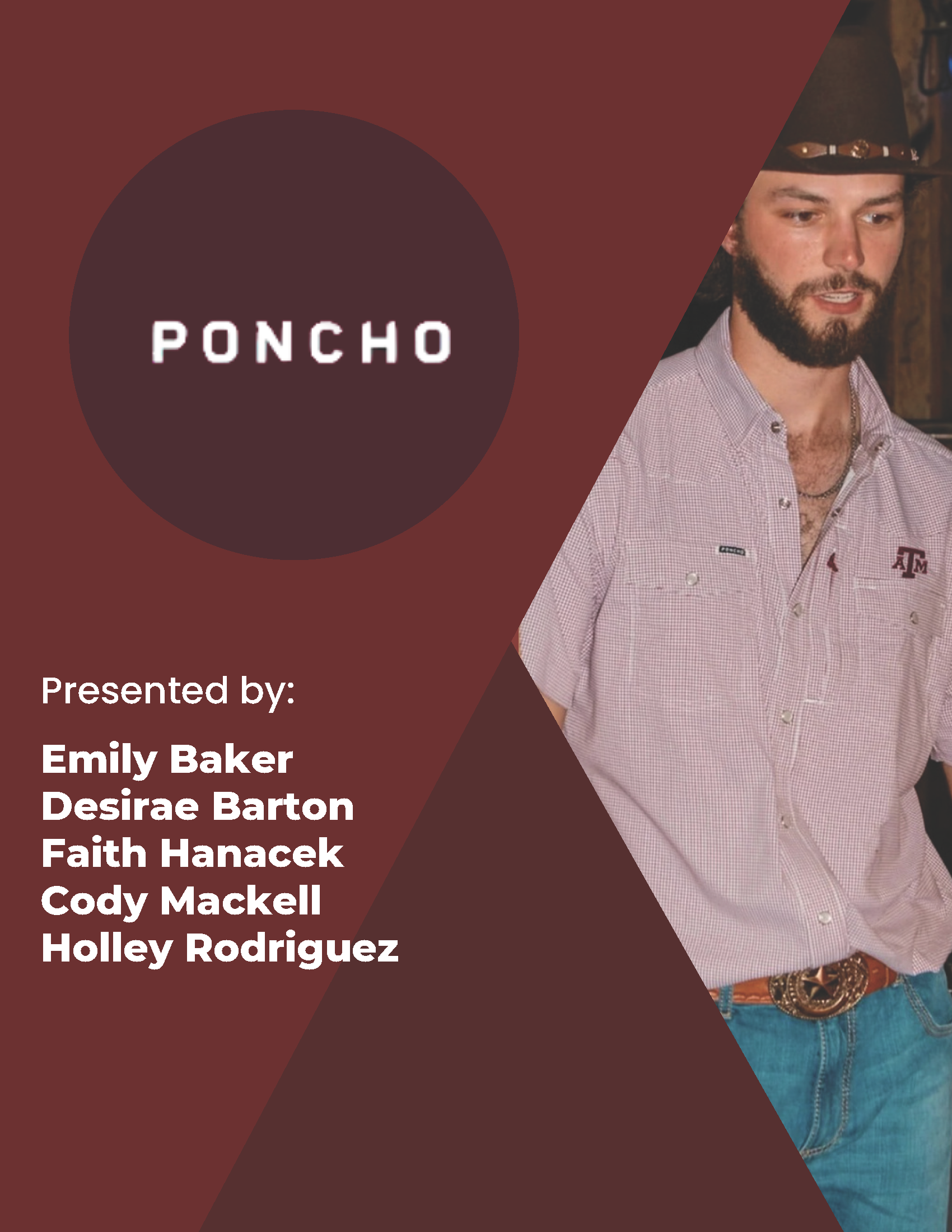 A promotional slide for Poncho featuring the logo and a photo of a man wearing a cowboy hat, plaid shirt with Texas A&M logo, jeans, and a leather belt.