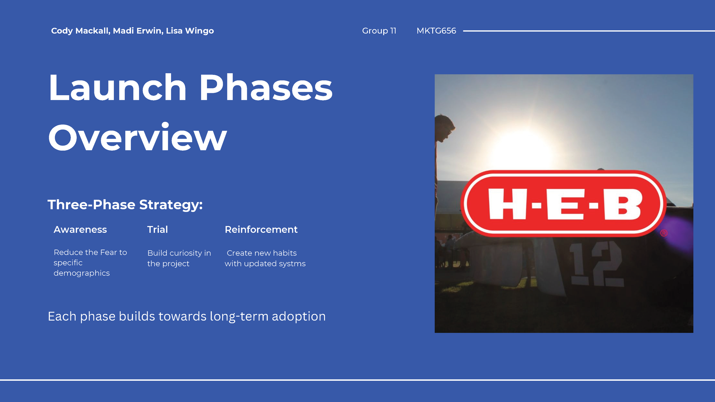 PowerPoint slide titled 'Launch Phases Overview' with three-phase strategy: Awareness, Trial, Reinforcement; and a photo with an H.E.B. logo against a sunset background.