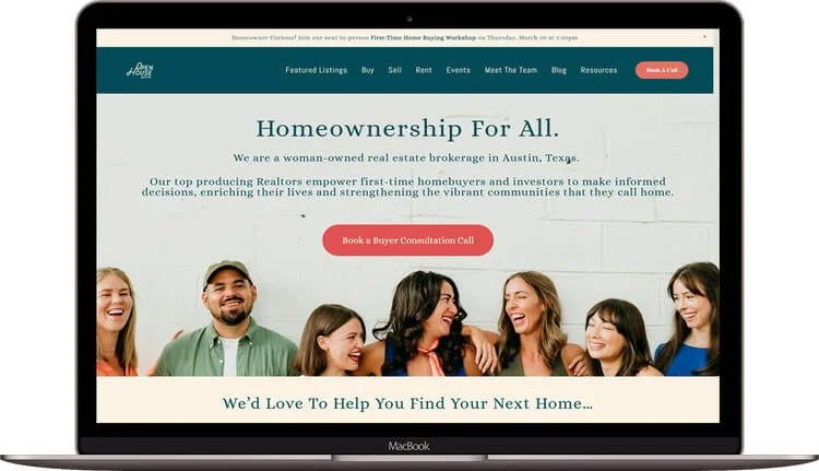 Homepage of a real estate website titled 'Homeownership For All,' featuring a group of six smiling, diverse people standing together, with a red button labeled 'Book a Buyer Consultation Call' in the center.