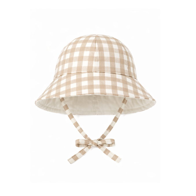 Gingham Baby Sun Bucket Hat (Tan)