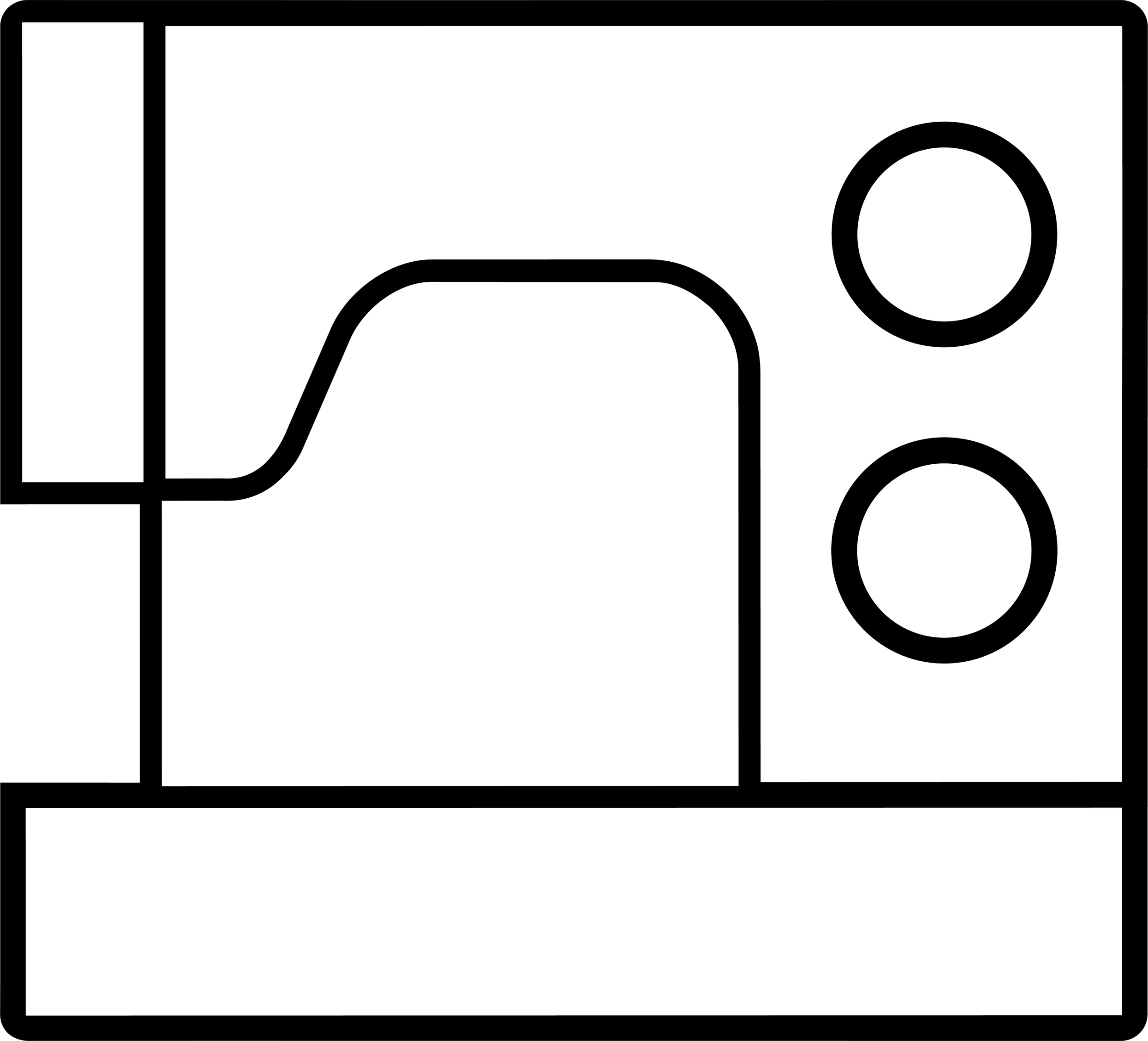 Line drawing of a sewing machine front, with a panel, numerous circular buttons, and a handle bar on the left side.