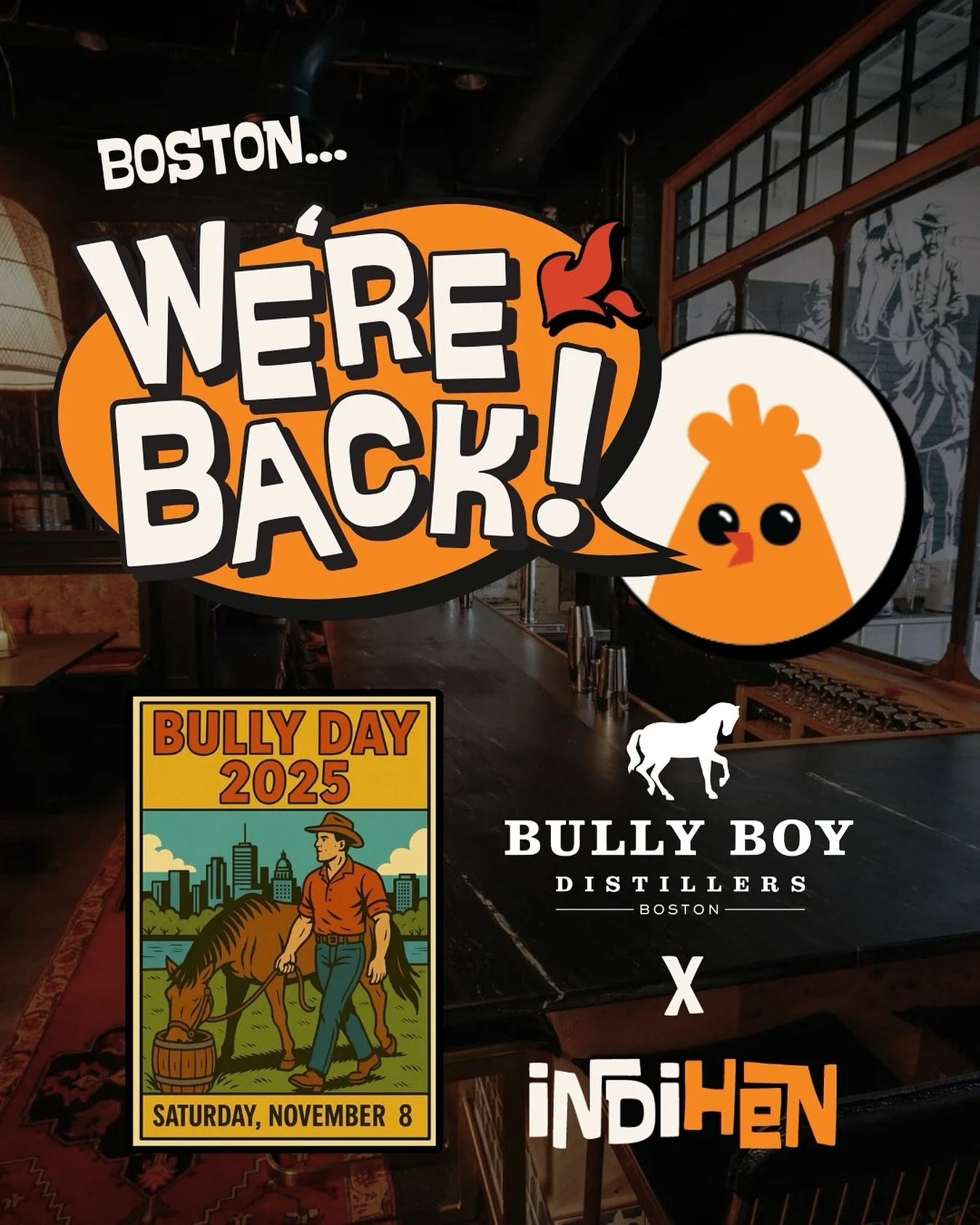 Boston! Get your party on at BULLY DAY 2025!
Come make pour decisions with us at the BIGGEST party of the year hosted by @bullyboybooze 🤪

Swing by on 11/8 from 1-4 pm or 5-8 pm. 

the rundown:
- indian fried chicken sliders 🔥 
- Bully Boy x IndiHe