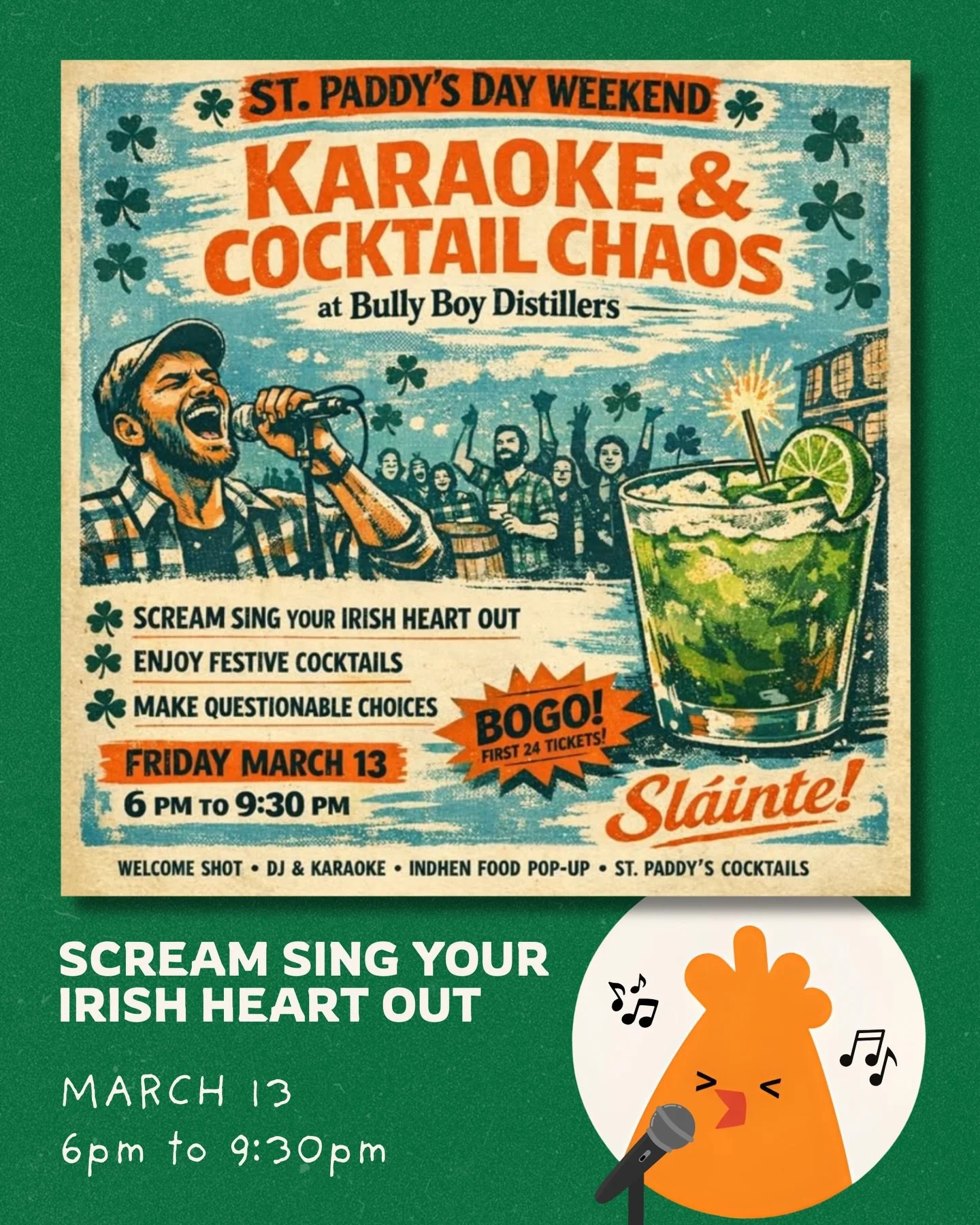 🍀 ST PADDY&rsquo;S DAY POP-UP 🍀 

Come hang with us @bullyboybooze for festive drinks and karaoke 🎤 

We&rsquo;re dishin&rsquo; out chicken sandos and tadka mac
(ask us about our secret menu item) 🤫 

Ticket link in bio

Sl&aacute;inte 🍻