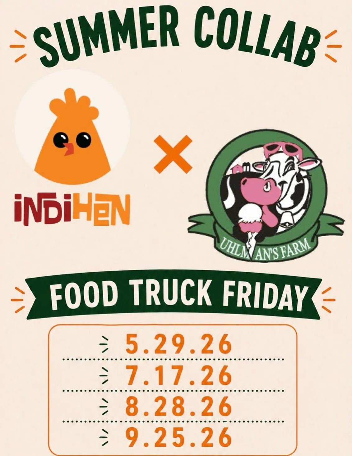 INDIHEN X UHLMAN&rsquo;S

the best 🍦 + indian fried 🐔 (and much more!!)

next friday 5.29 from 12-7 pm @uhlmansicecream 

our first event of the summer with the new truck 🚚

can&rsquo;t wait to see you all there!