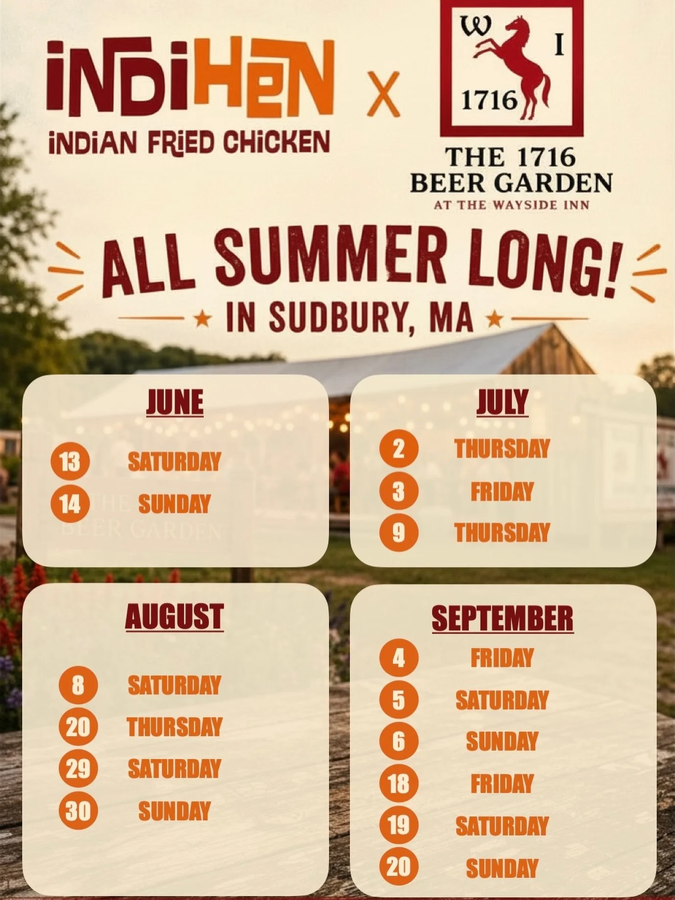 COLD BEER. 🍺 HOT CHICKEN. 🐓

The ultimate summer pairing has arrived @1716wayside 

72 Wayside Inn Road, Sudbury, MA 01776

Thursday: 3-8 pm, Friday: 3-9 pm, Saturday: 1-9 pm, &amp; Sunday: 1-6 pm (timing is subject to change/weather permitting)