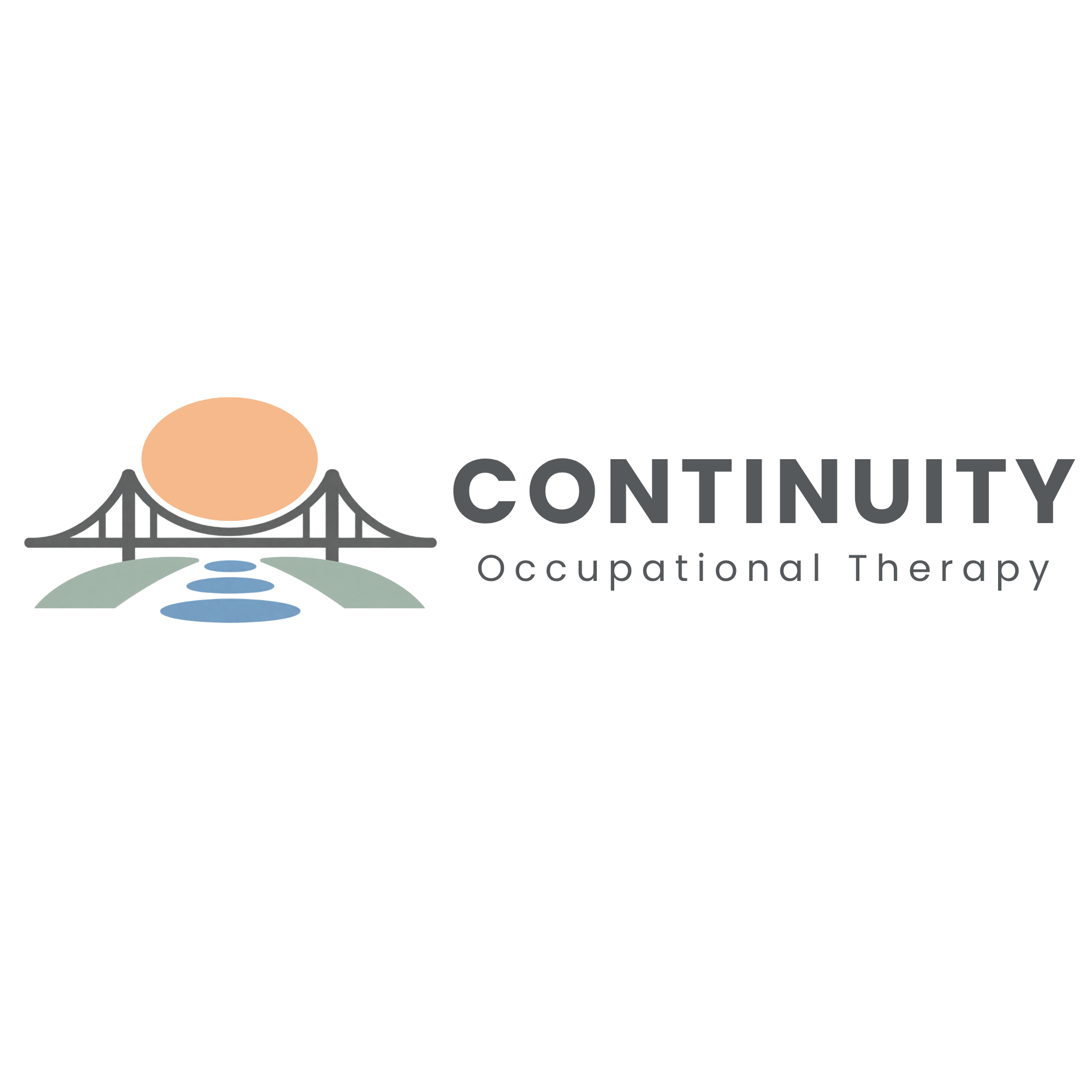 Logo for Continuity Occupational Therapy featuring a bridge with a figure walking across, a sun behind, and water below.