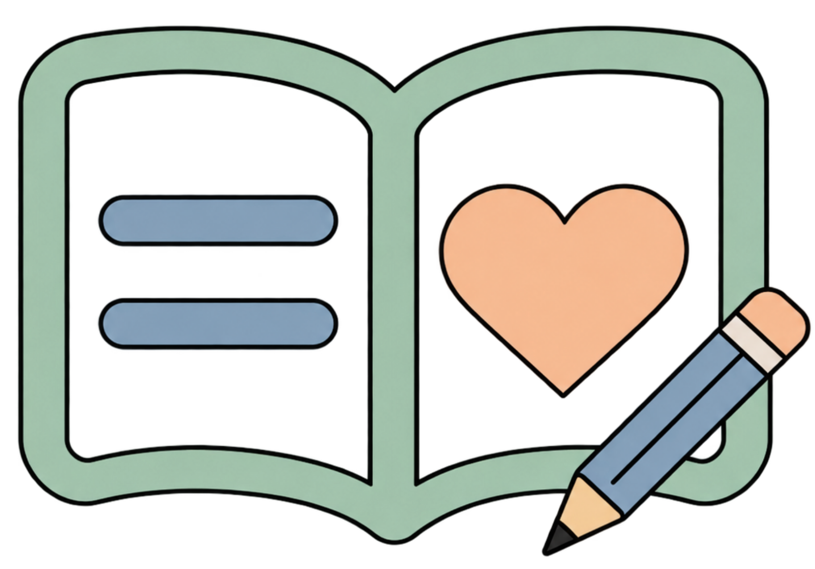An open book with speech bubbles on the left page and a large peach-colored heart on the right page, with a gray pencil resting on the bottom right corner.