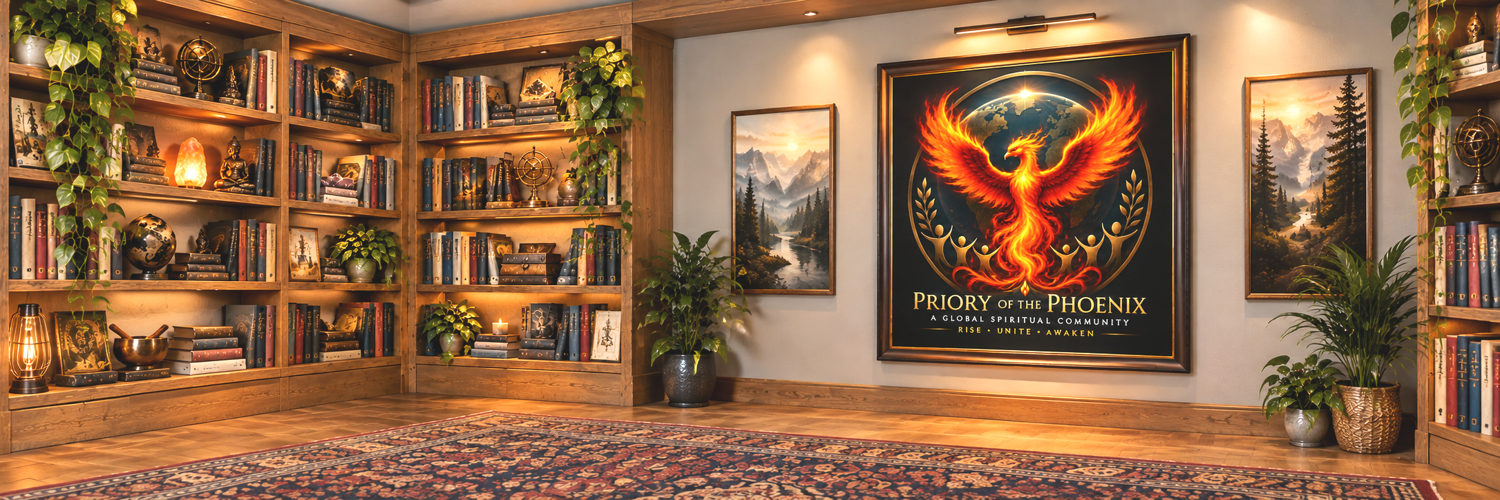 A cozy room with wood bookshelves filled with books, plants, and decorative objects. The wall features a large art print of a fiery phoenix with the text "Priory of the Phoenix" and the words "Rise, Unite, Awaken." There are framed landscape paintings and ambient lighting, creating a warm and inviting atmosphere.