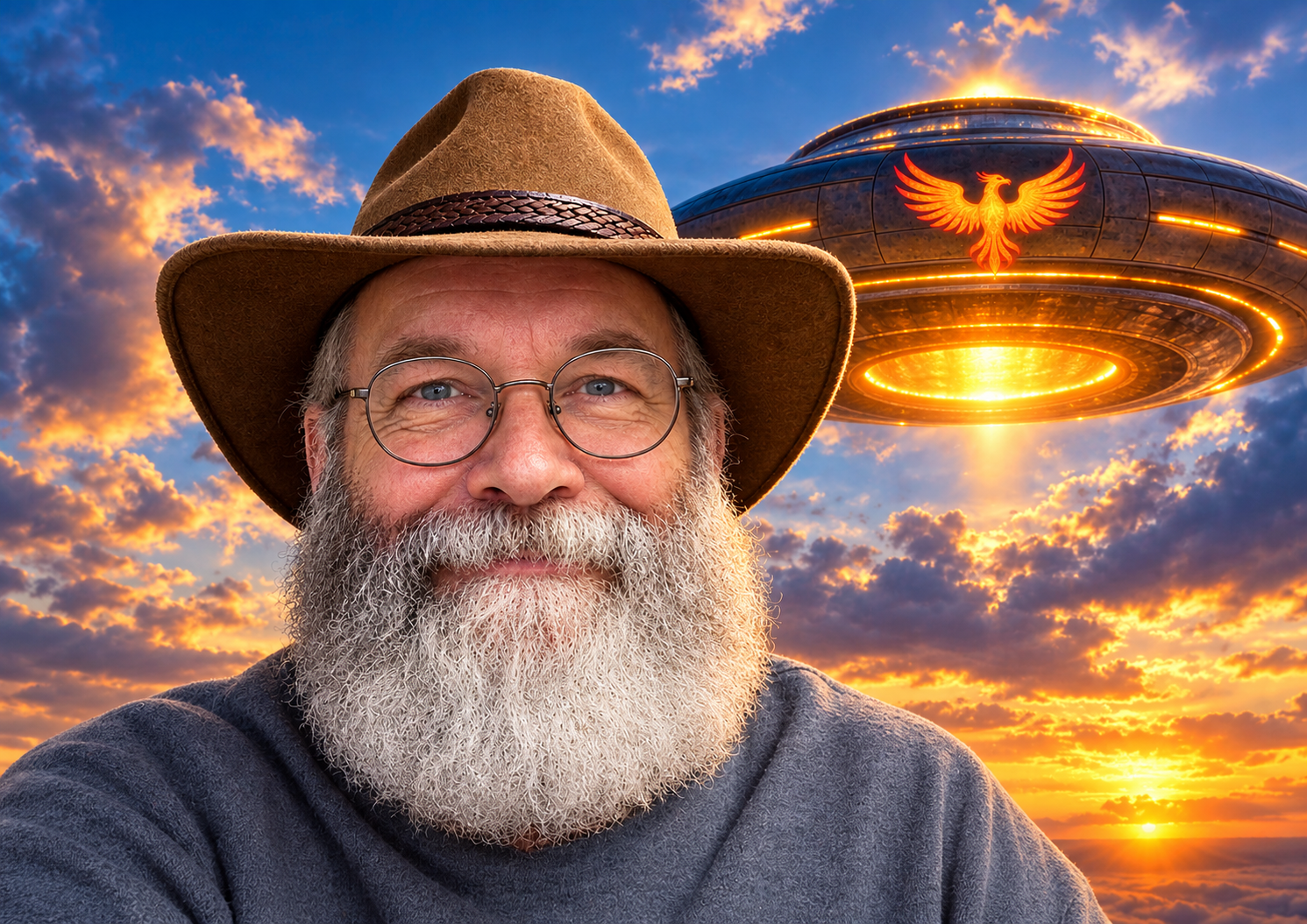 A smiling elderly man with glasses and a white beard wearing a brown hat, with a futuristic UFO with a glowing red phoenix symbol in the sky during sunset.